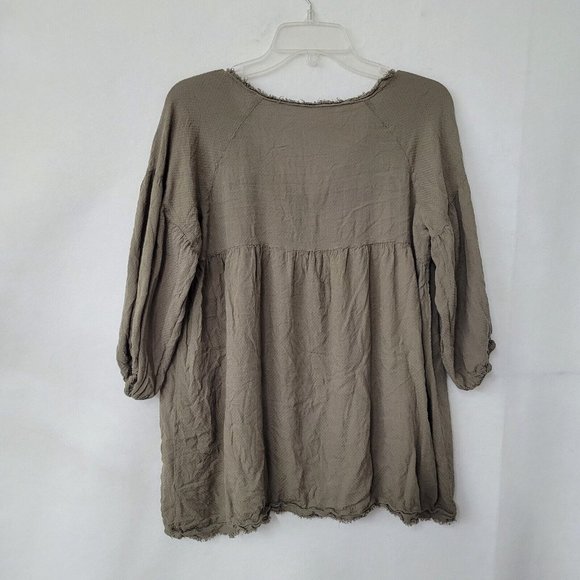 Shirt Women M Bohemian 3/4 Sleeve V-Neck Tunic Olive Frayed Edge Oversized - Picture 4 of 7
